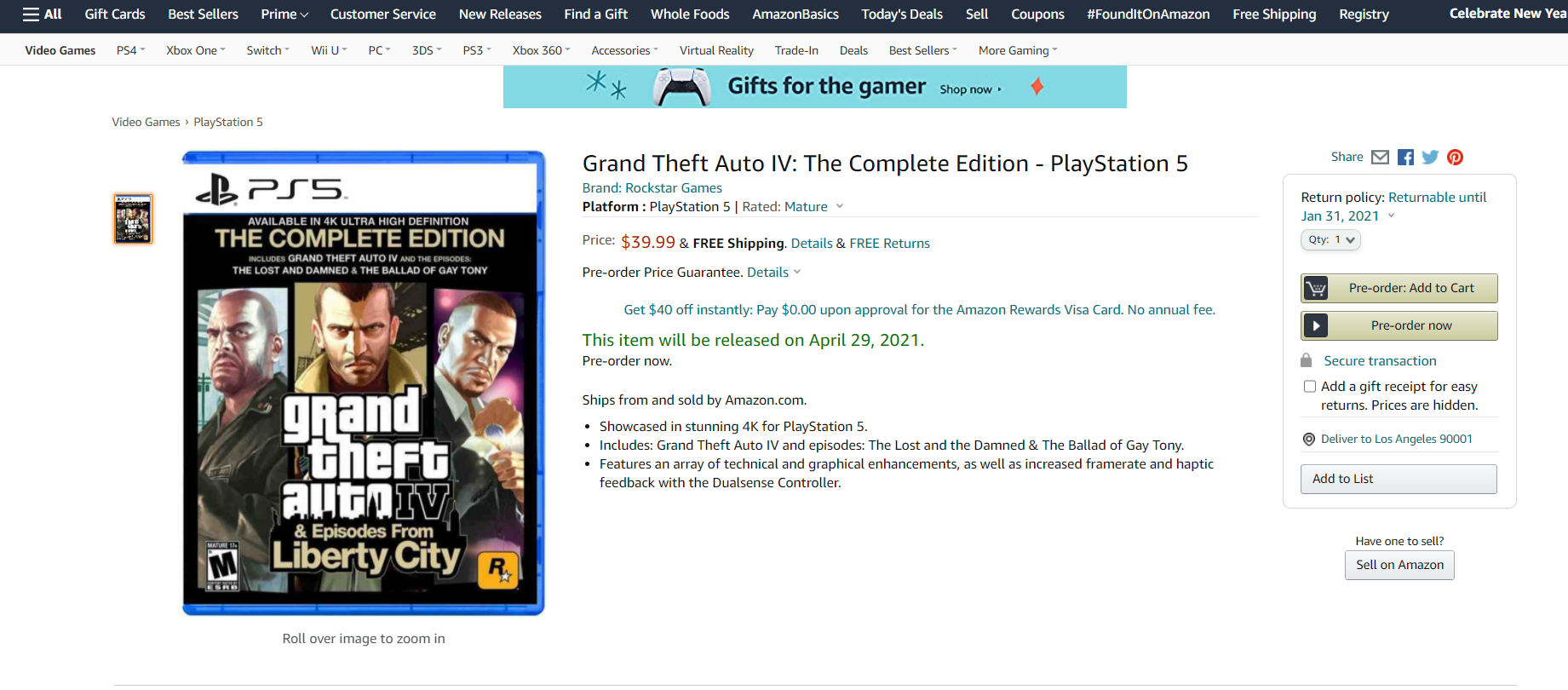 صورة رصد لعبة Grand Theft Auto IV Complete Edition للبلايستيشن5 بموقع امازون